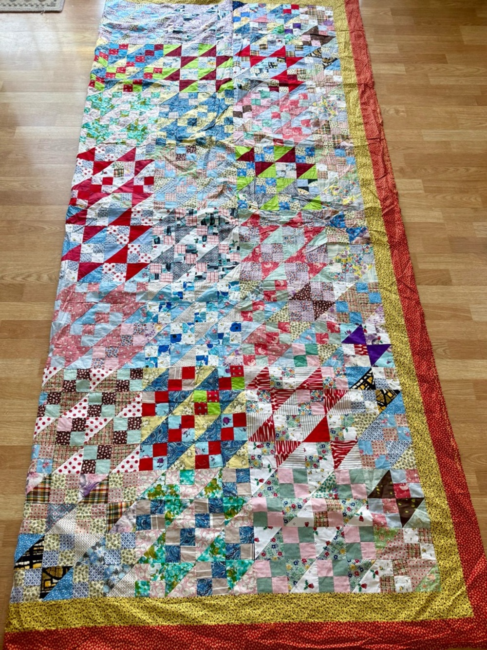 Very Large Colorful Vintage Homemade Hand Stitched Patchwork Quilt Top 106x93 - Picture 6 of 12